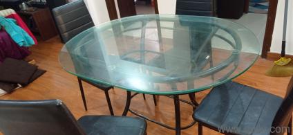 Selling my 4seater dining table, 4 Royaloak chairs, glass top metal dining table with good condition
