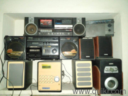 vintage audio systems. Sony, national panasonic tape cassette player, philips radio set, and 2.1 small amplifier 