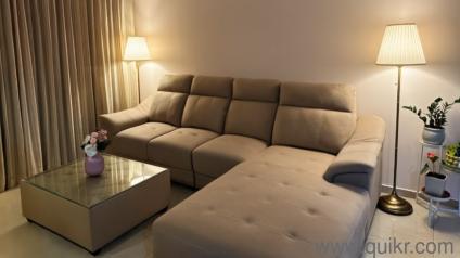 Premium Italian Fabric Sofa Set + Matching Center Table (3-Seater with Lounger + 2 Puffies)  Like New