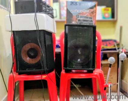 Music System with 2 wooden box speaker 14 inch each, Musicone Amplifier and Stranger mixer with 2 chorded and one chordless Microphone with stands