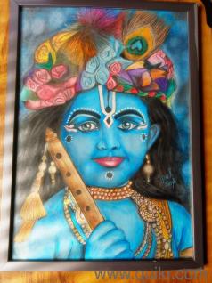Exclusive Handmade Krishna Ji Oil Pastel Painting - A3 Framed