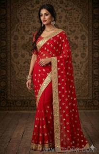 red saree with mirror work