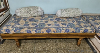 Teak wood Bed (Sagwan Palang) with a mattress & 2 roller pillows