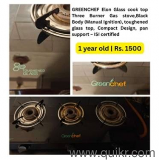 GREENCHEF Elon Glass cook top Three Burner Gas stove, pan support  ISI certified