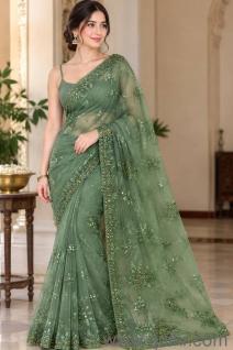 Premium Sage Green Net Saree | Heavy Embroidery | New & Unused 