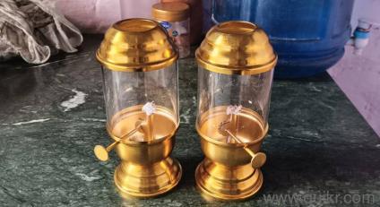 2 Golden Decorative Oil Lamps with Glass Cover