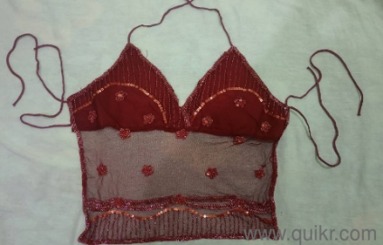 maroon sequin sheer backless halter top, party wear crop top 