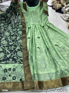 Malai Satin Kalamkari Print Anarkali Suit with Dupatta