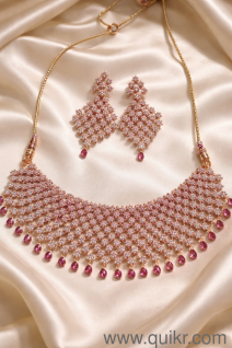 Premium AD Stone Necklace Set with Earrings  Pink Stone Design