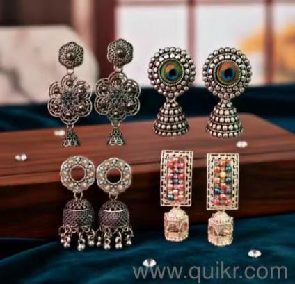 Stunning 4-Pair Oxidized Earring Combo  Jhumkas, Peacock & Stone Work