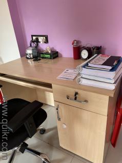 Wooden study table with keyboard stand and drawer and storage along with roller chair for sale. Minimally used. Great condition