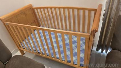 babyhug-merlino-2-in-1-wooden-cot-cum-junior-bed-with-height-adjustable-and-plug-and-play-assembly-walnut-solid-pinewood including matress