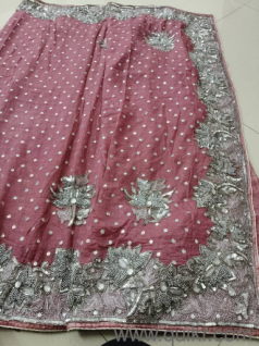 Elegant chiffon shimmer saree with heavy silver work