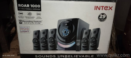 intex roar 1000 5.1, Speaker Base 6.5 inch X1,Satellite speaker x5, purchased 18-01-26 1 yr warranty.