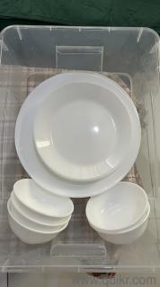 18 piece ikea crockery white coloured with large plastic container