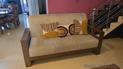 Wooden Sofa Cream fabric made of Teak for Sale