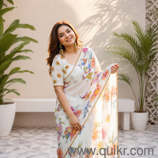 Women's Soft Georgette Saree with Pearl Lace Border & Blouse