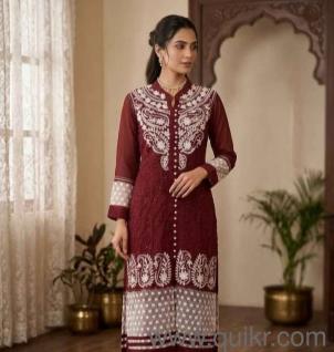 Premium Maroon Lucknowi Chikankari Kurti and Embroidered Flared Jeans