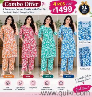 Womens Floral Printed Kurti with Pant Combo  Pack of 4