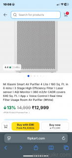 Mi Xiaomi Smart Air Purifier 4 Lite  Wanted to sell A year old,very less used,Orignal hepa filter available with 100% filtering capacity  Details Mi Xiaomi Smart Air Purifier 4 Lite | 160 Sq. Ft.